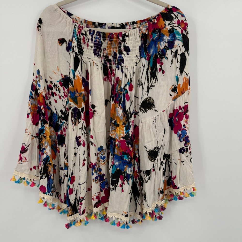 Ali Miles Boho Floral Smocked Off Shoulder Bell Sleeve Tassel Top Women's S